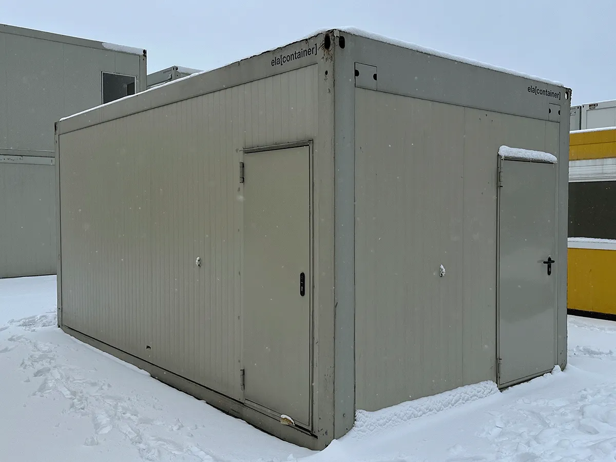 gebrauchter buerocontainer 20 fuss grau mit zwei eingangstueren aussenansicht modulcontainer