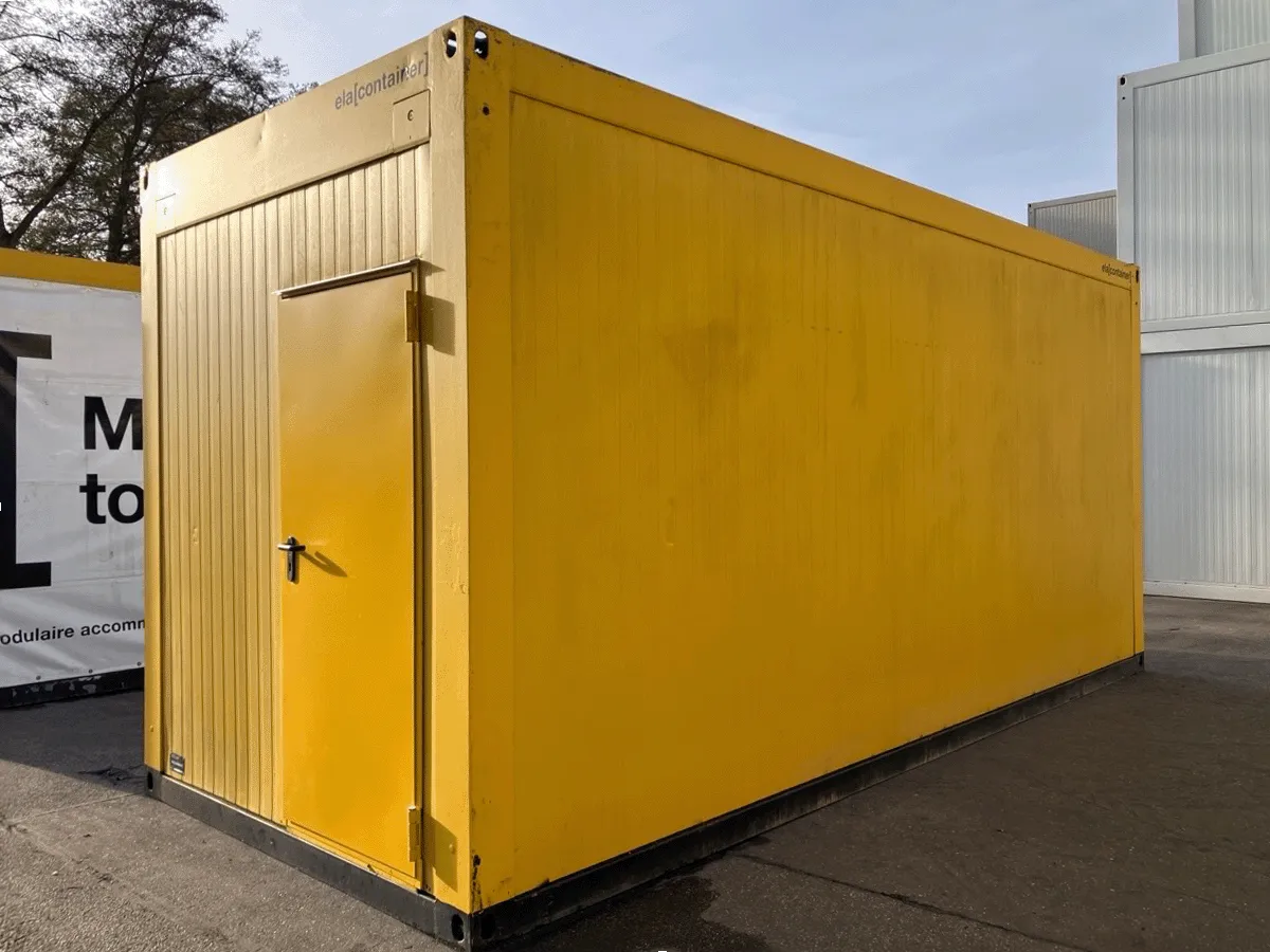 gebrauchter buerocontainer 20 fuss gelb mit eingangstuer aussenansicht modulcontainer