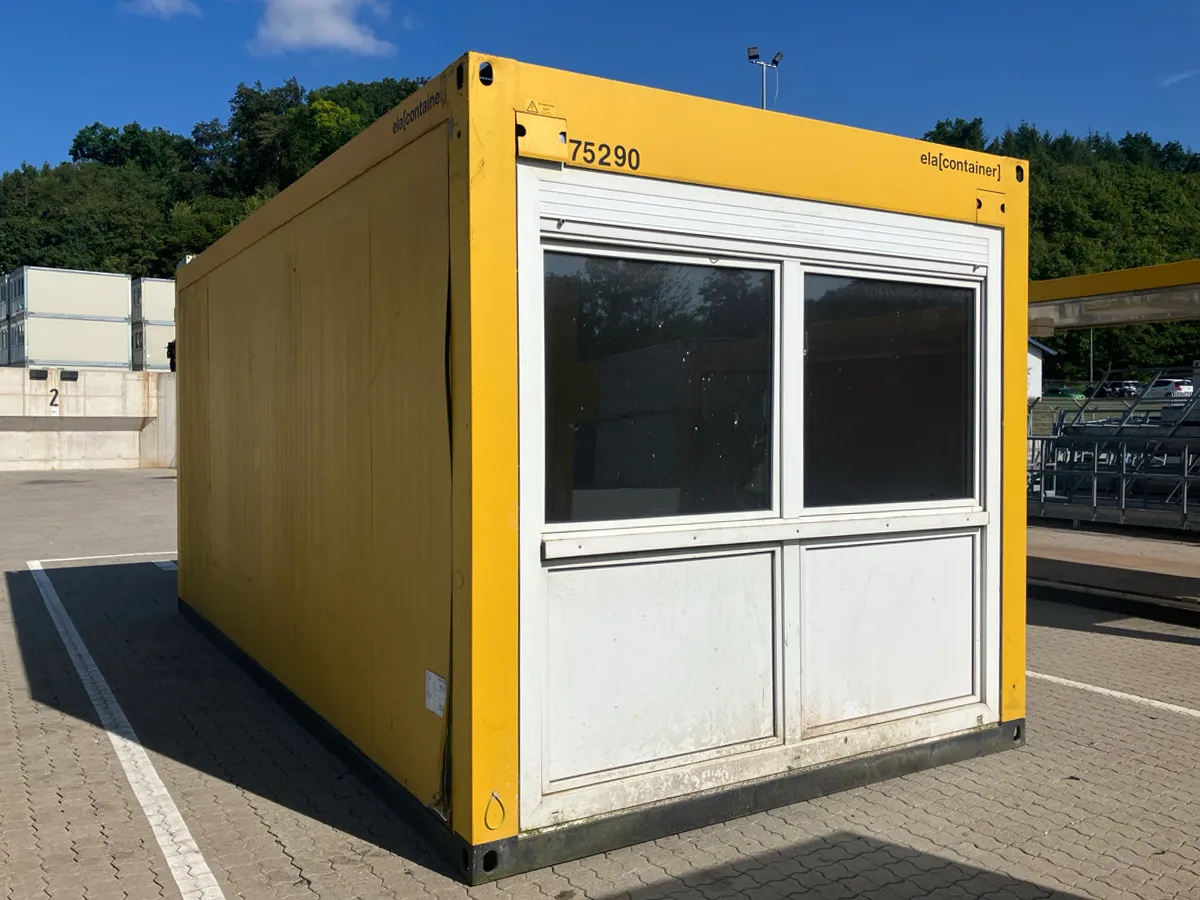 Gebrauchter Bürocontainer ELA Container gelb mit Fensterfront, Außenansicht