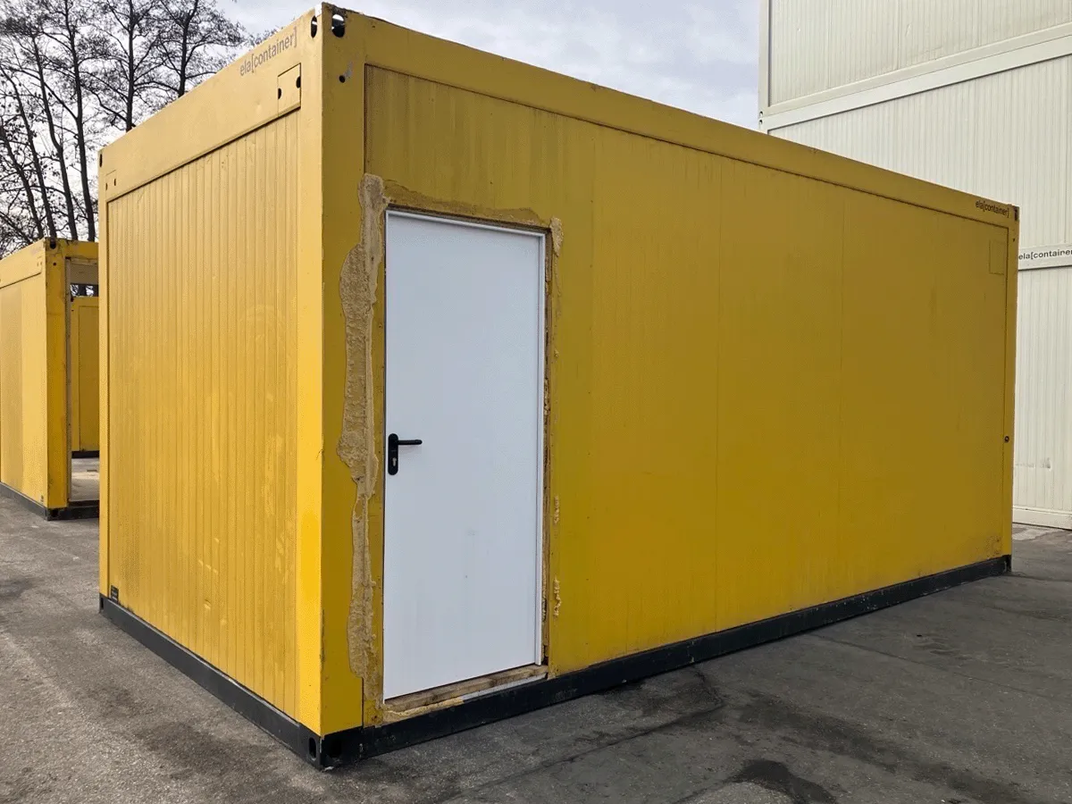 gebrauchter buerocontainer 20 fuss gelb mit eingangstuer aussenansicht baustellenbuero