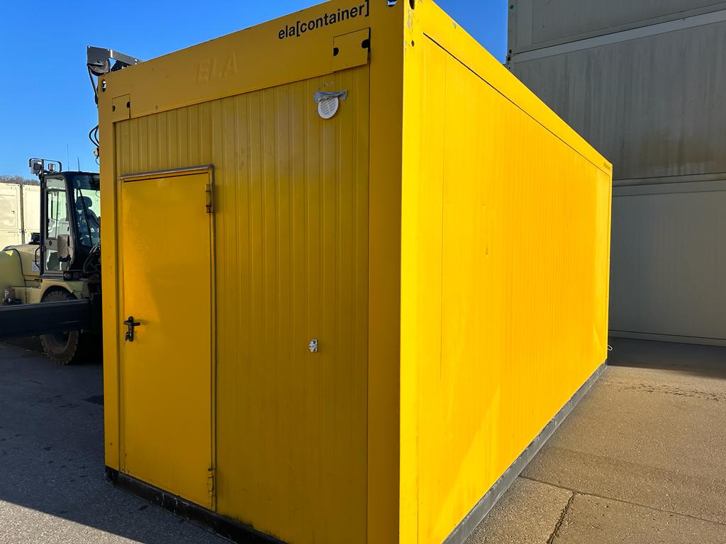Gebrauchter Bürocontainer ELA Container gelb Rückansicht mit Eingangstür und Außenlampe