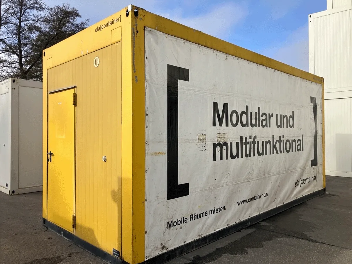 gebrauchter buerocontainer 20 fuss gelb mit werbebanner modular und multifunktional aussenansicht