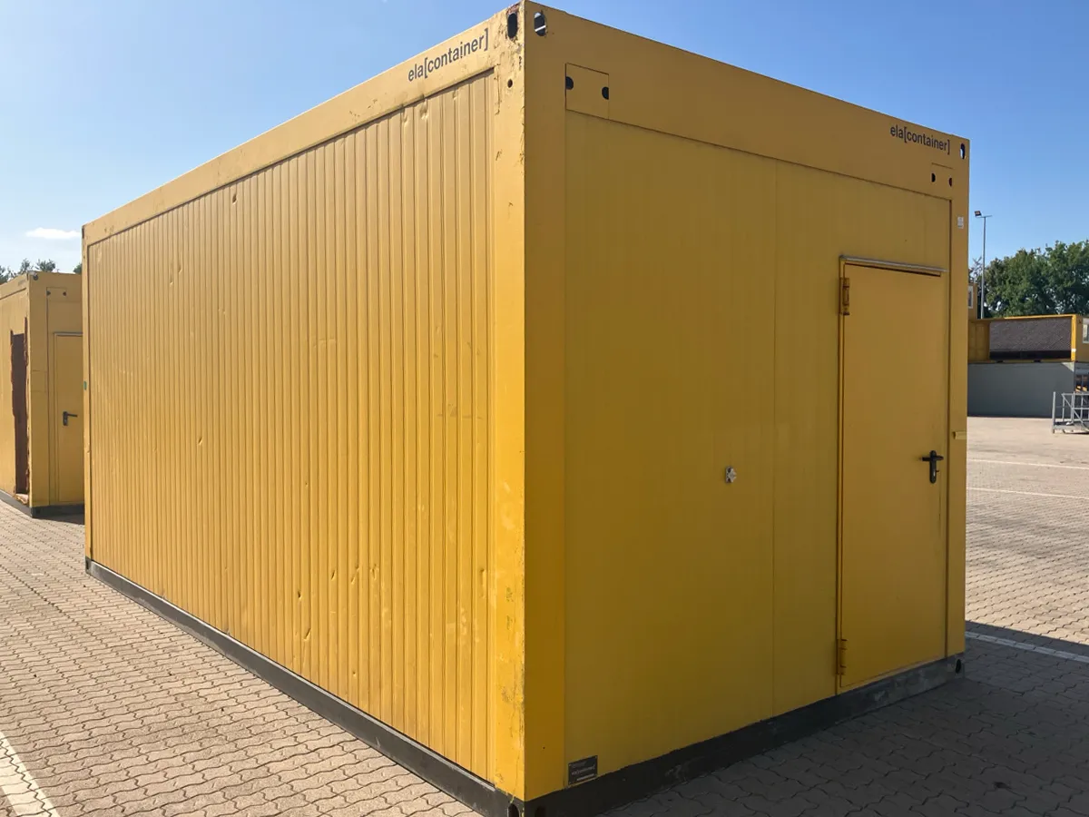 Gebrauchter Bürocontainer ELA Container gelb mit Außentür, Seitenansicht