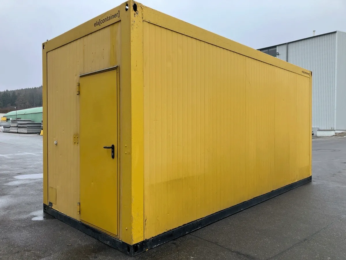 gebrauchter buerocontainer 20 fuss gelb mit eingangstuer aussenansicht baustellenbuero