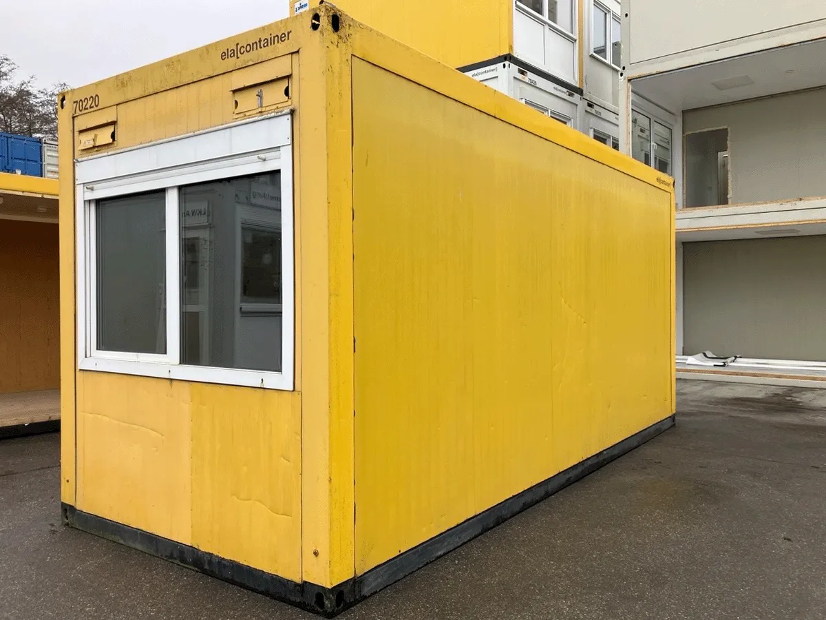 gebrauchter buerocontainer 20 fuss gelb mit fenster aussenansicht modulcontainer buero
