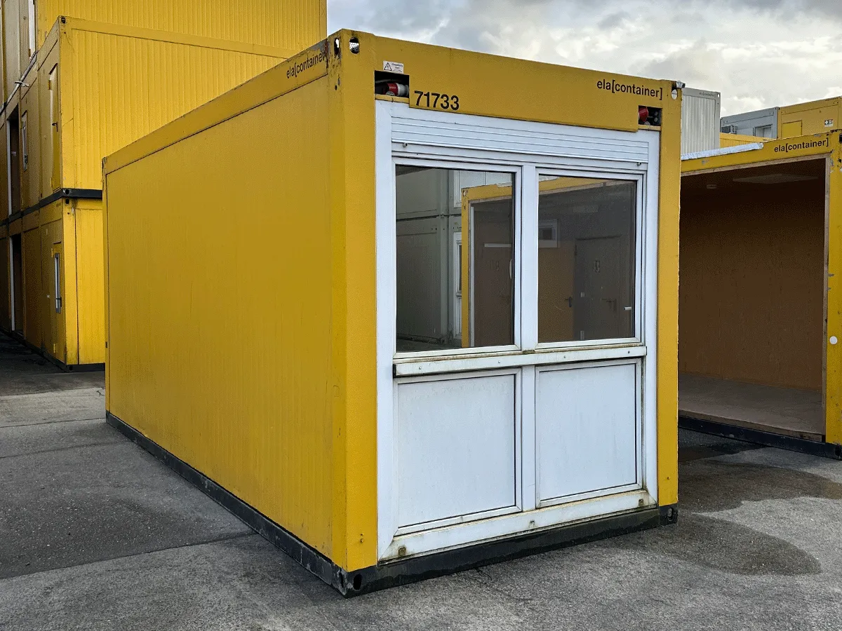 gebrauchter buerocontainer 20 fuss gelb mit fenster aussenansicht modulcontainer