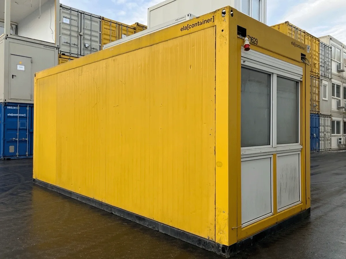 gebrauchter buerocontainer 20 fuss gelb mit fenster aussenansicht modulcontainer