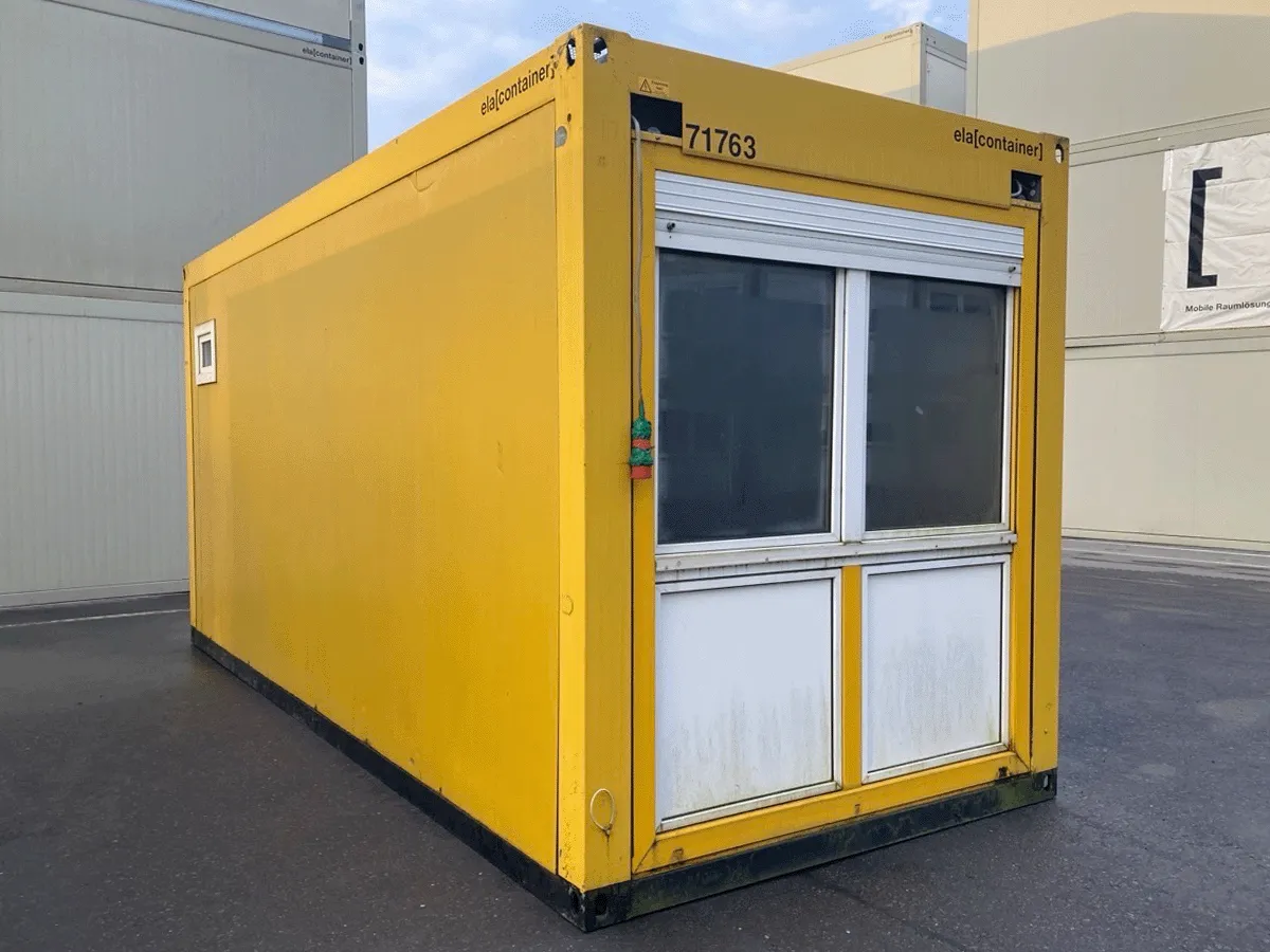 gebrauchter buerocontainer 20 fuss gelb mit fensterfront und rollladen aussenansicht