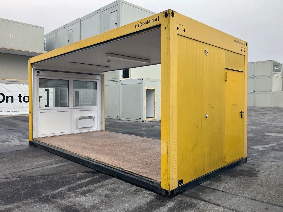 gebrauchter buerocontainer 20 fuss gelb mit offener seite und eingangstuer aussenansicht