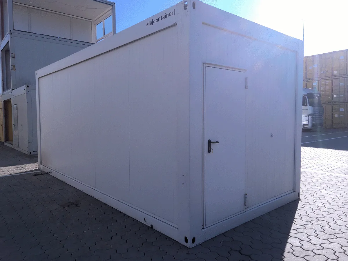 gebrauchter buerocontainer 20 fuss weiss modern mit eingangstuer aussenansicht