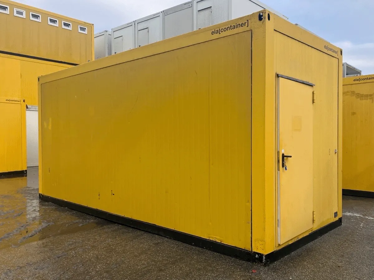 gebrauchter buerocontainer 20 fuss gelb mit eingangstuer aussenansicht baustellenbuero