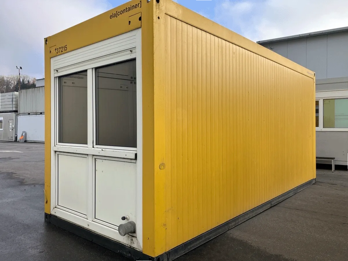 Bürocontainer gelb gebraucht mit Fensterfront und Rollladen außen