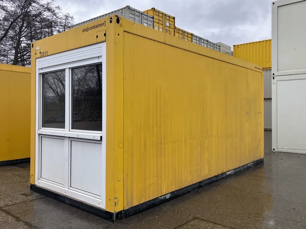 Bürocontainer gelb gebraucht mit Fensterfront außen Ansicht