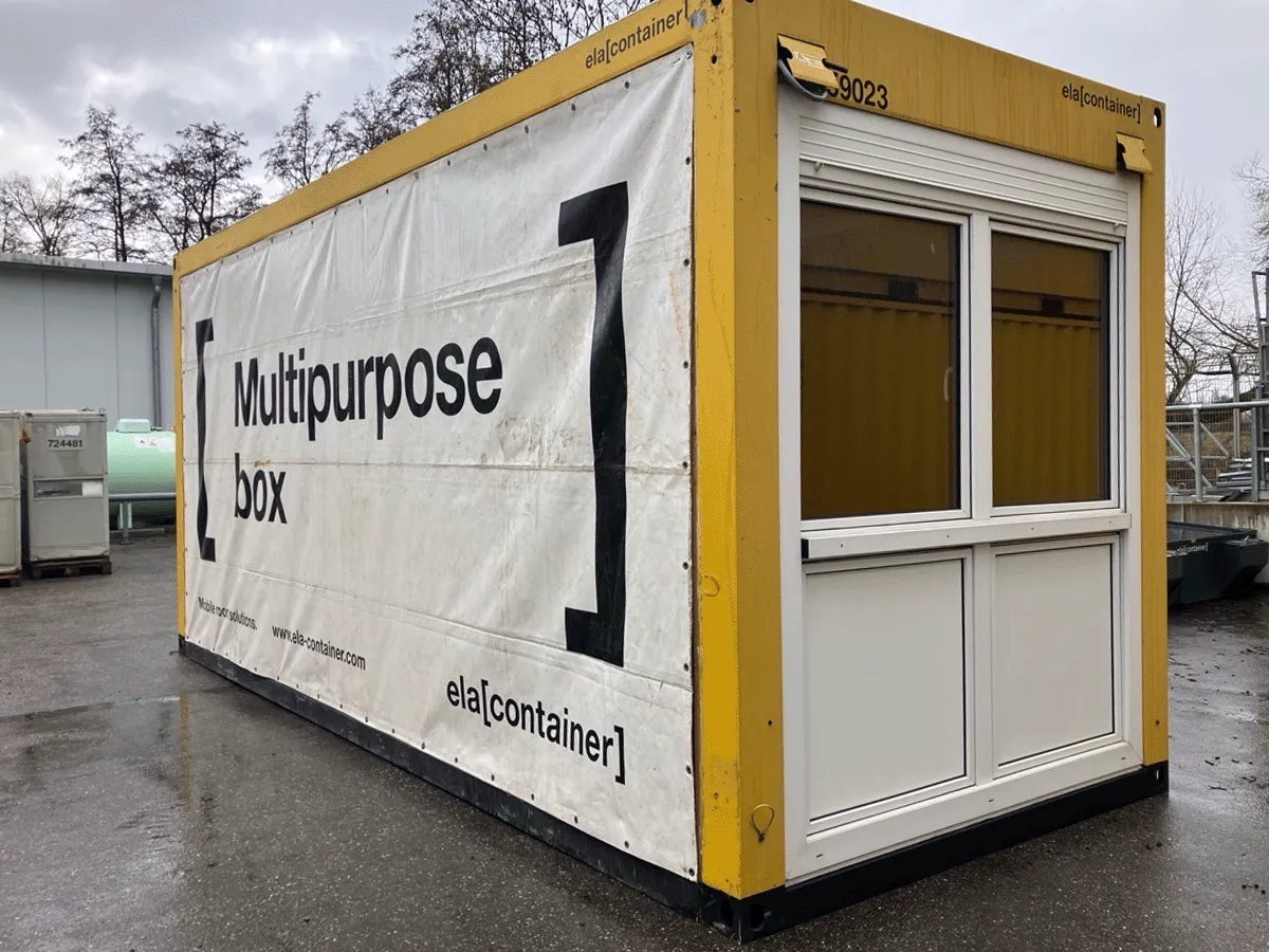 Gebrauchter Bürocontainer ELA Container gelb Multipurpose Box mit Fensterfront und Rolllade