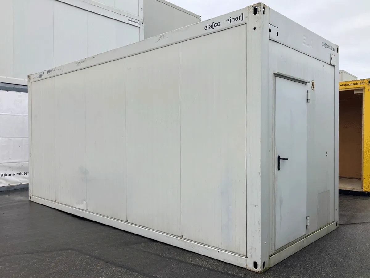 Gebrauchter Bürocontainer ELA Container grau Rückansicht mit Eingangstür