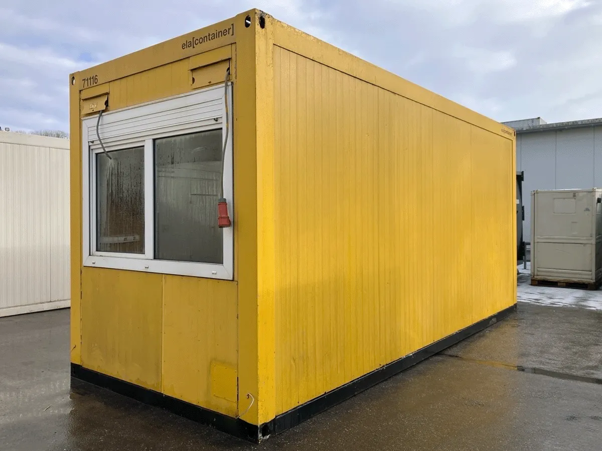 gebrauchter buerocontainer 20 fuss gelb mit fenster und rollladen aussenansicht